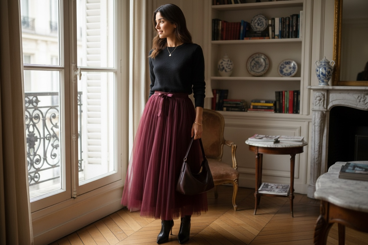 Jupe longue unie bordeaux style tulle LOUNAE