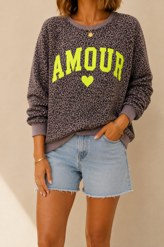 Sweat taupe léopard logo amour en coton taille unique LOUNAE