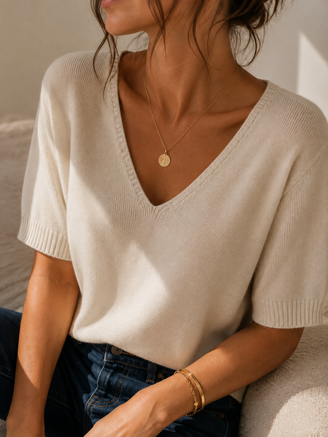 Pull beige manches courtes LOUNAE