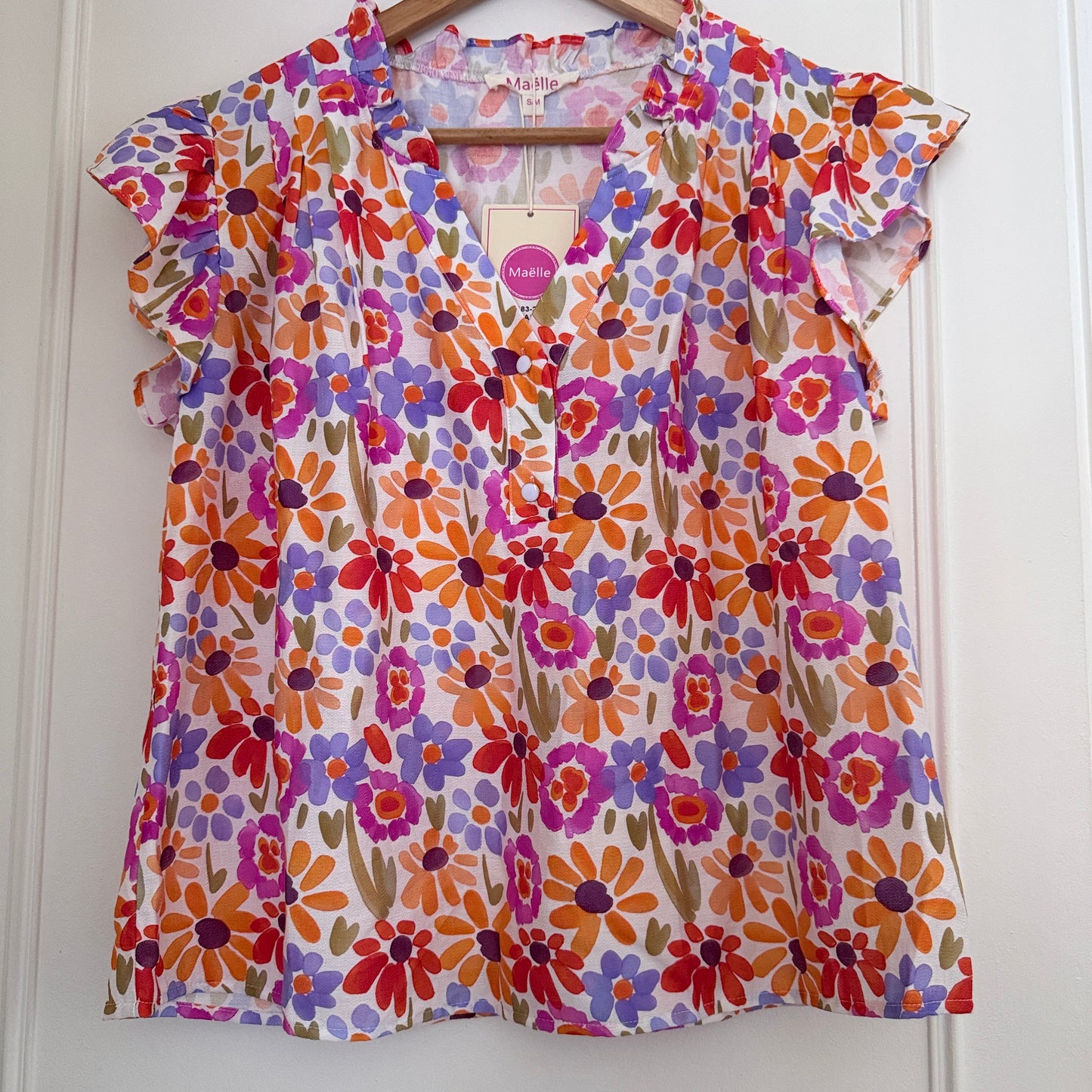 Blouse fleurie multicolore col V manches volantes LOUNAE