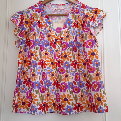 Blouse fleurie multicolore col V manches volantes LOUNAE
