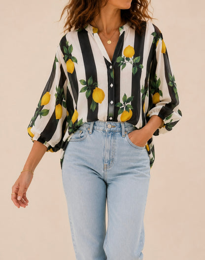 Chemise rayée imprimé citrons noire et blanche manches ballon – Taille unique LOUNAE