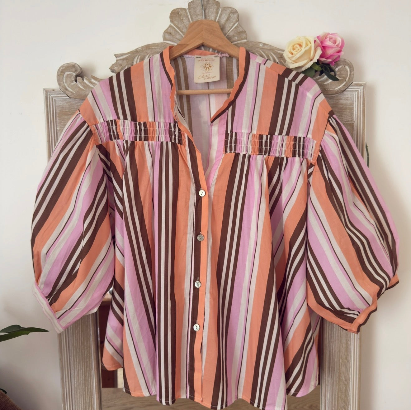 Chemise rayée rose orange marron  - April vintage