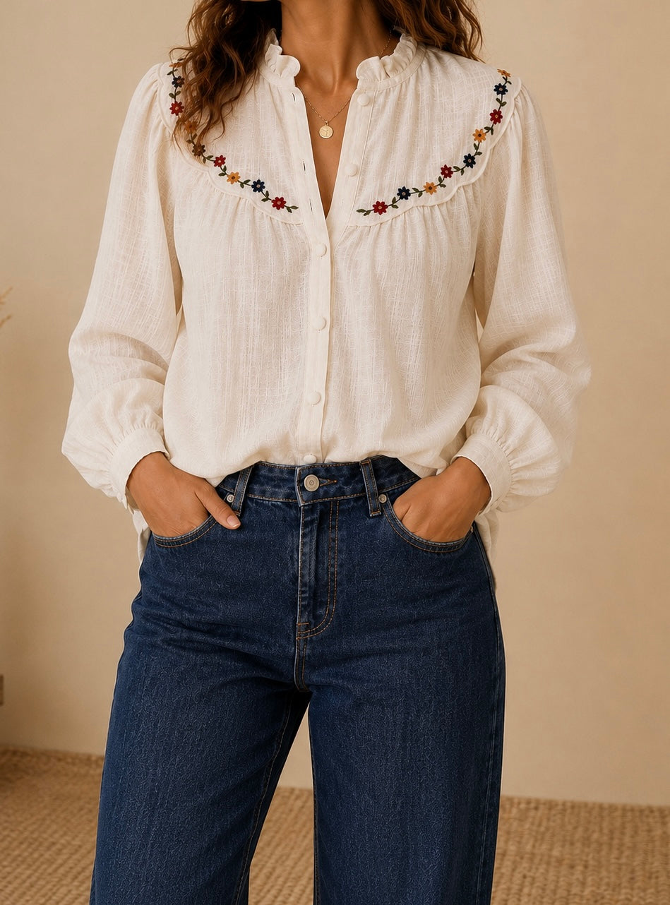 Chemise beige col à volant fleurie - It hippie