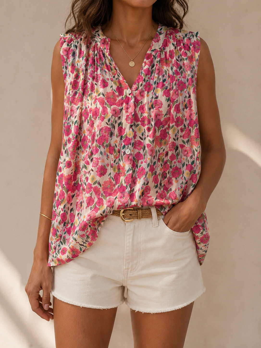 Blouse beige et rose fleurie en coton LOUNAE