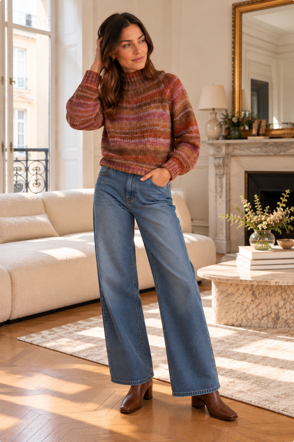 Pull col montant marron rose en laine LOUNAE