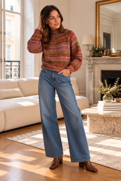 Pull col montant marron rose en laine LOUNAE