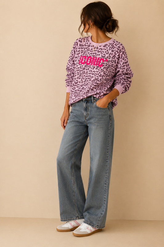 Sweat imprimé léopard rose ICONIC manches 3/4 – Taille unique LOUNAE