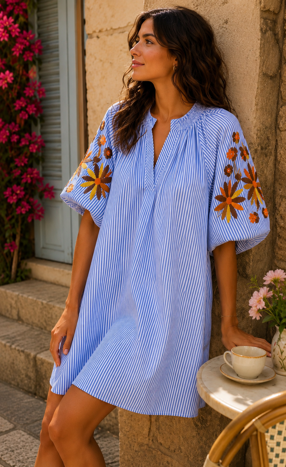 Robe mi-longue rayée bleue brodée LOUNAE