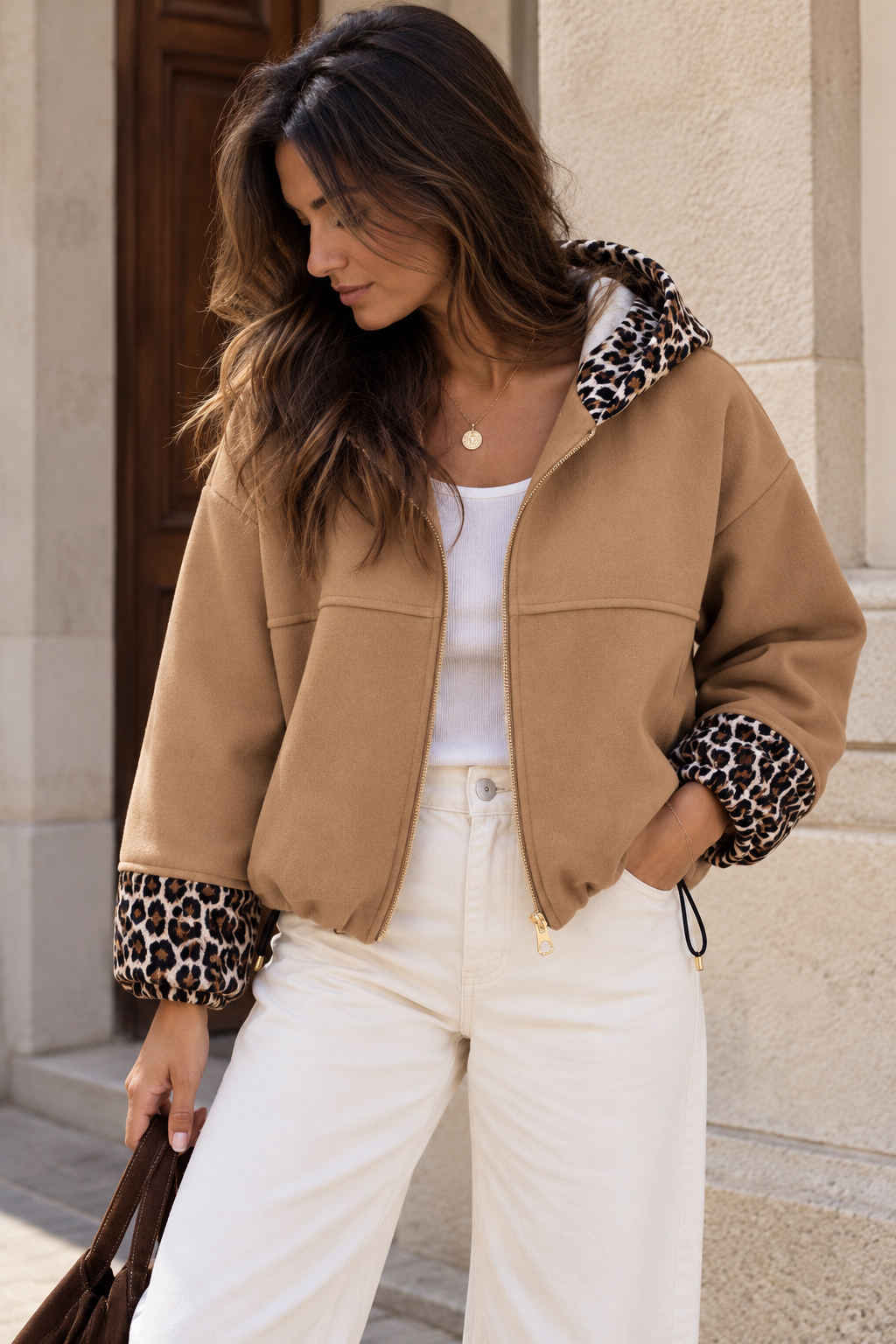 Blouson Johanna Overzise Camel Imprimé Léopard LOUNAE