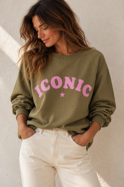 Sweat Femme Oversize Kaki Iconic Rose – 100 % Coton LOUNAE