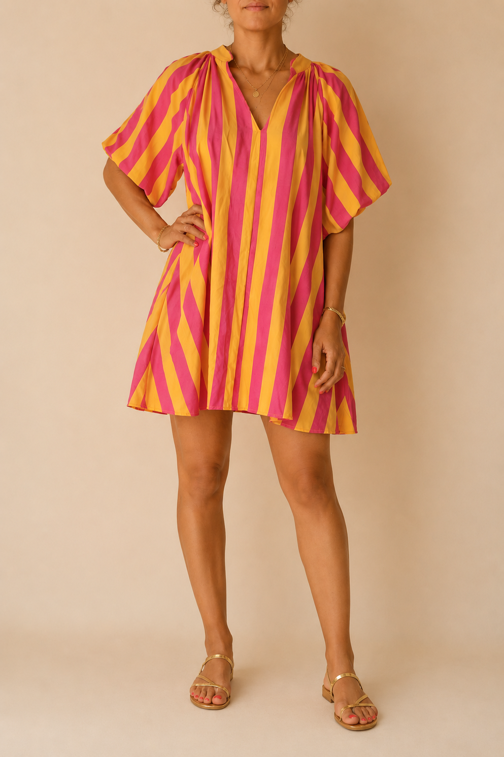 Robe jaune et rose rayée mi-longue LOUNAE