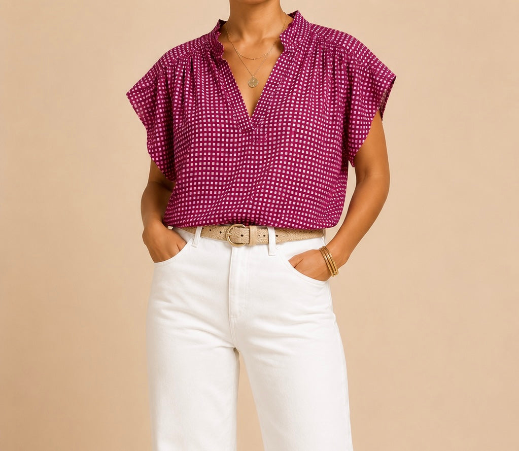 Blouse manches courtes bordeaux rose en coton LOUNAE