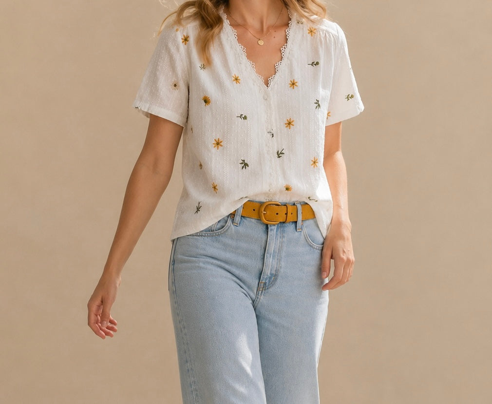 Blouse blanche broderie fleurs - Maëlle