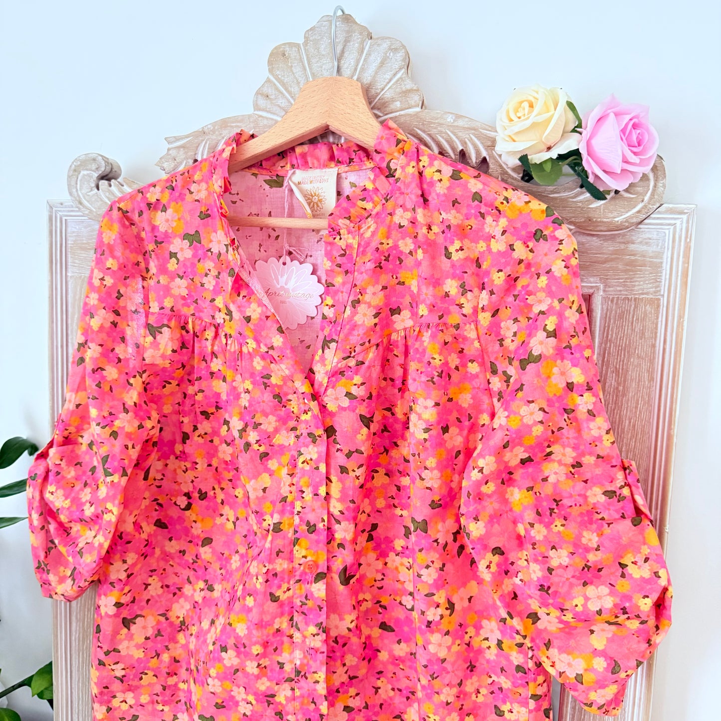 Chemise rose fleurie - April vintage