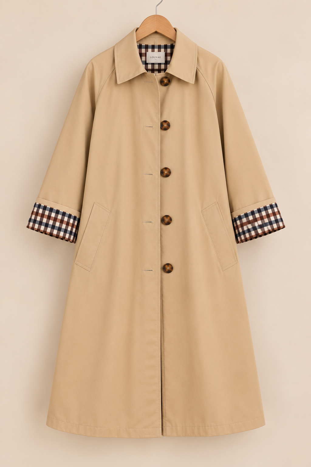 Trench long beige à carreaux LOUNAE