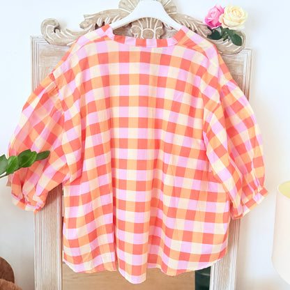 Blouse rose et orange à carreaux en coton LOUNAE