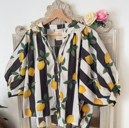 Chemise rayée imprimé citrons noire et blanche manches ballon – Taille unique LOUNAE