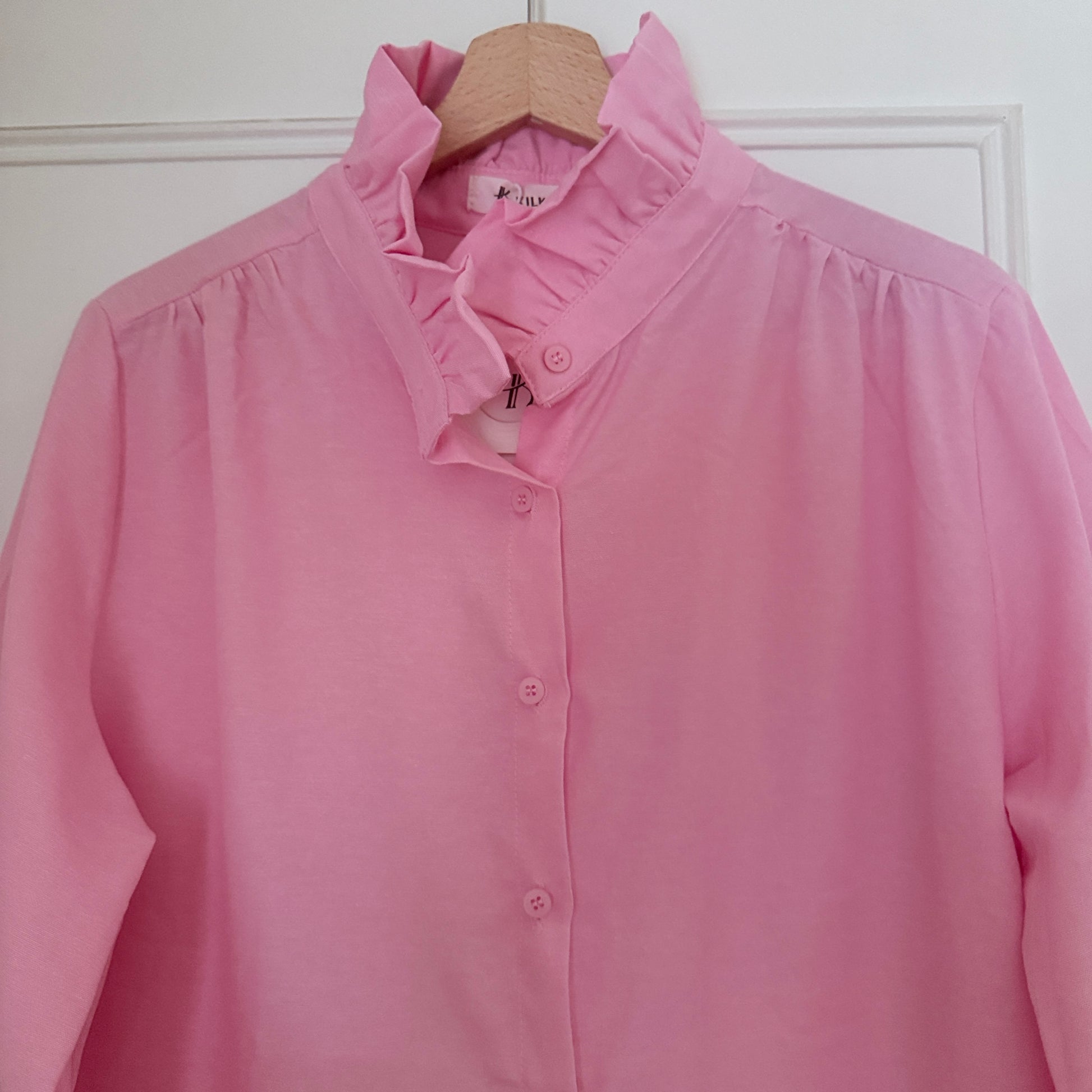 Chemise rose manches longues col à volants en coton LOUNAE