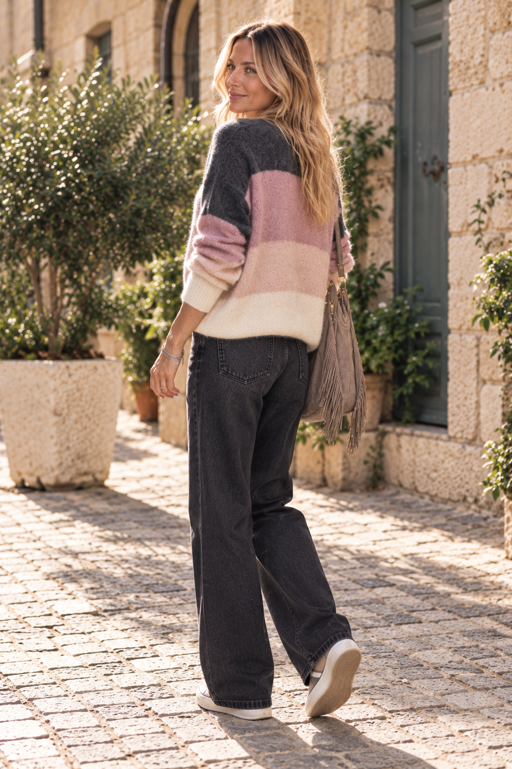 Gilet Célia oversize en maille duveteuse rose et gris LOUNAE