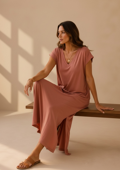 Robe longue tee-shirt rose poudré LOUNAE