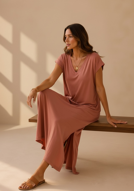 Robe longue tee-shirt rose poudré LOUNAE