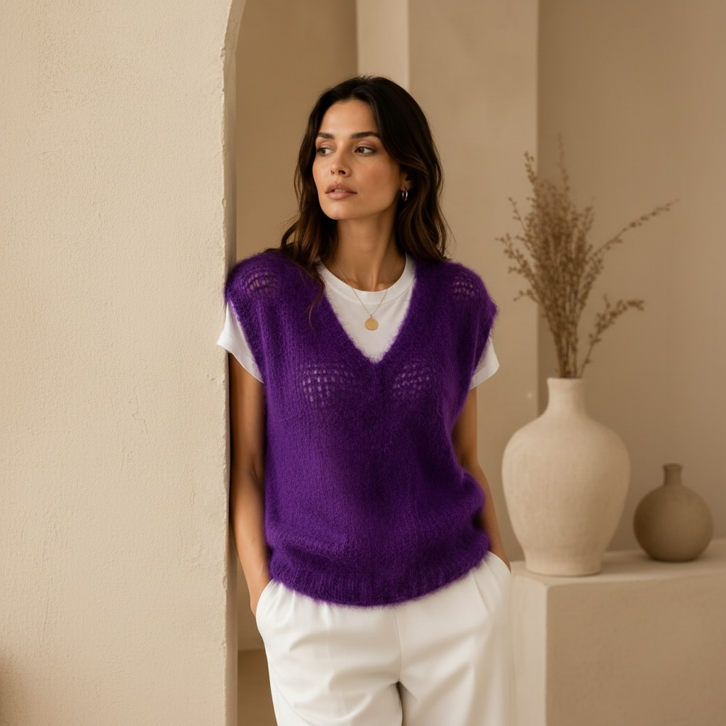 Pull violet maille aérienne 80% mohair - Made in Italy LOUNAE