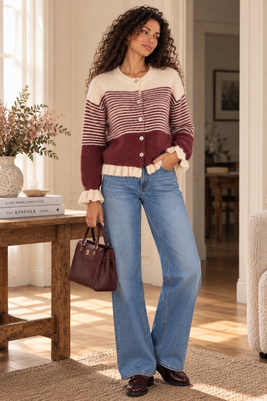 Cardigan Rayé beige et Bordeaux LOUNAE