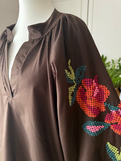 Blouse bohème marron manches ballon LOUNAE