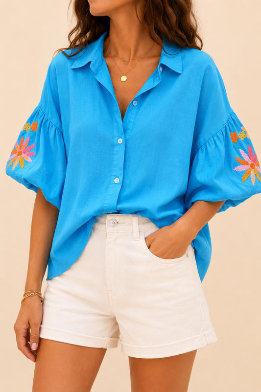 Blouse bleue manches brodées - Luizacco LOUNAE