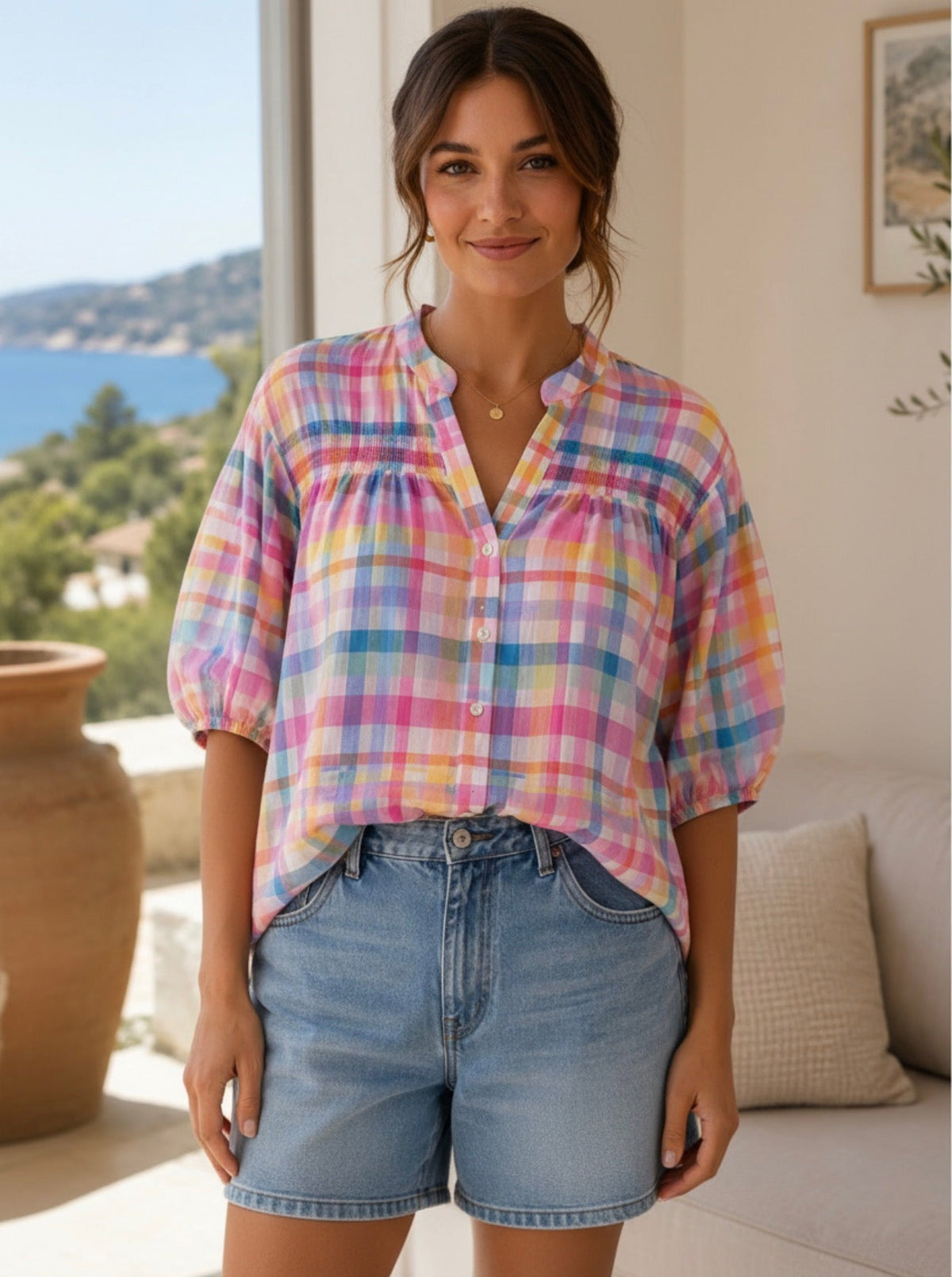 Blouse carreaux multicolores manches ballon LOUNAE