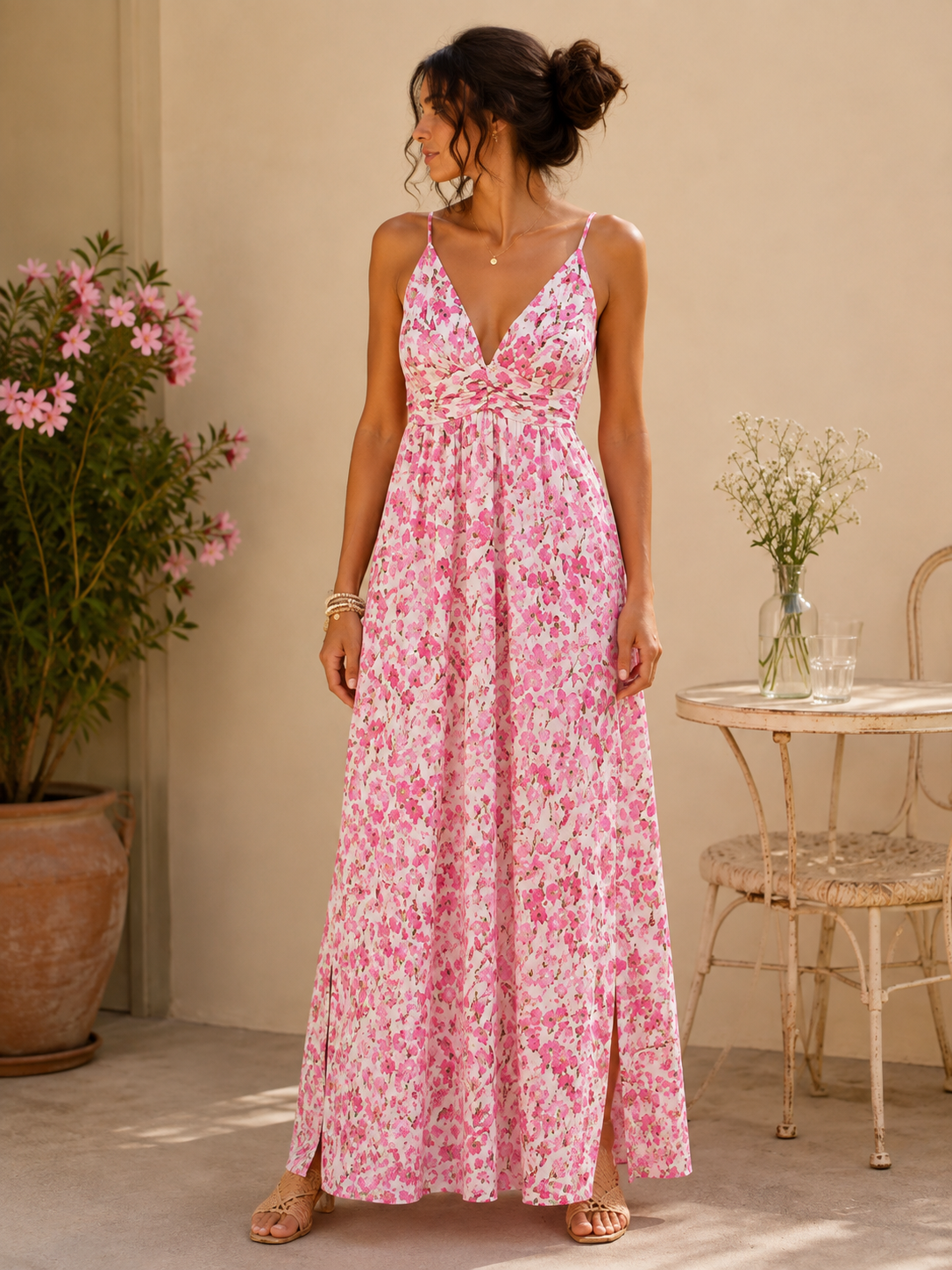 Robe longue rose fleurie dos smocké LOUNAE
