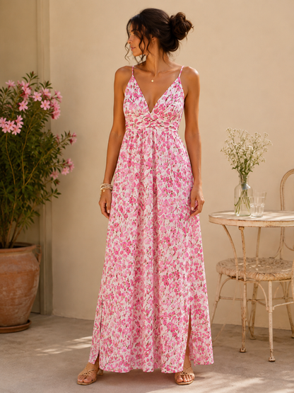Robe longue rose fleurie dos smocké LOUNAE