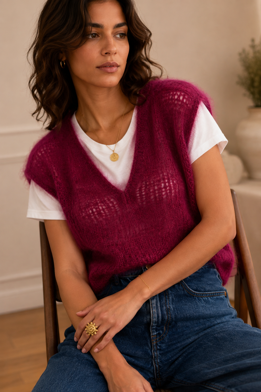 Pull prune maille aérienne 80% mohair LOUNAE