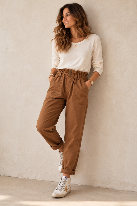 Lili – Pantalon camel taille haute paperbag LOUNAE