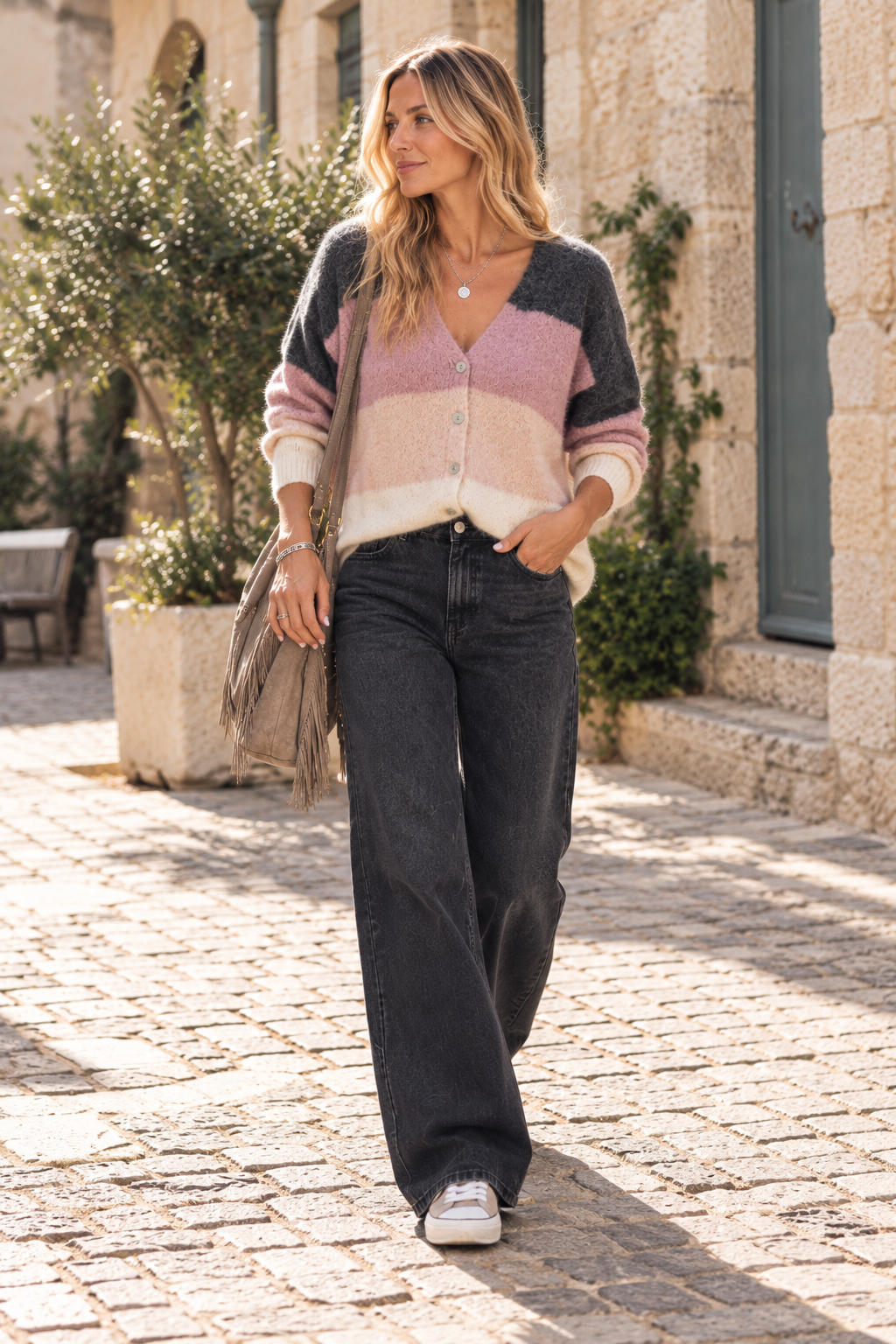 Gilet Célia oversize en maille duveteuse rose et gris LOUNAE