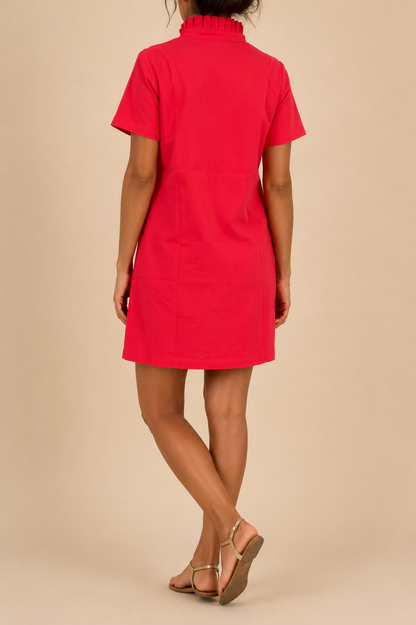 Robe mi-longue rouge col volanté en coton LOUNAE