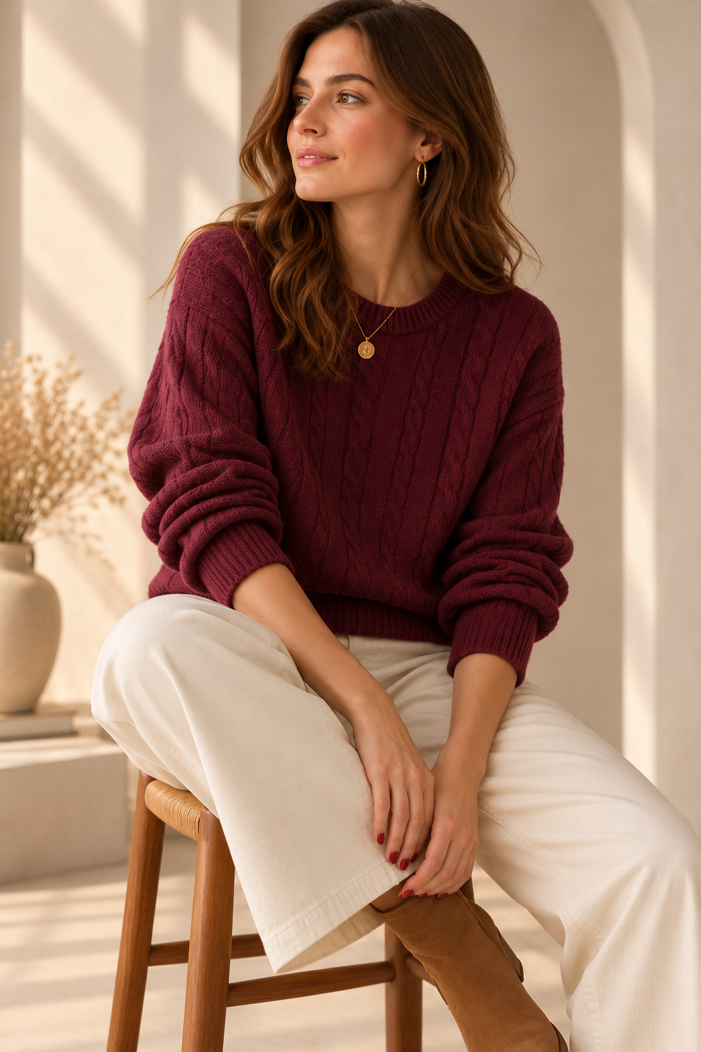 Pull Léa torsadé col rond aubergine LOUNAE