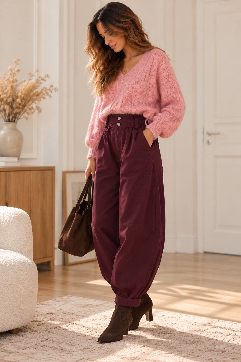 Pantalon Alba Barrel Couleur Prune en Coton LOUNAE