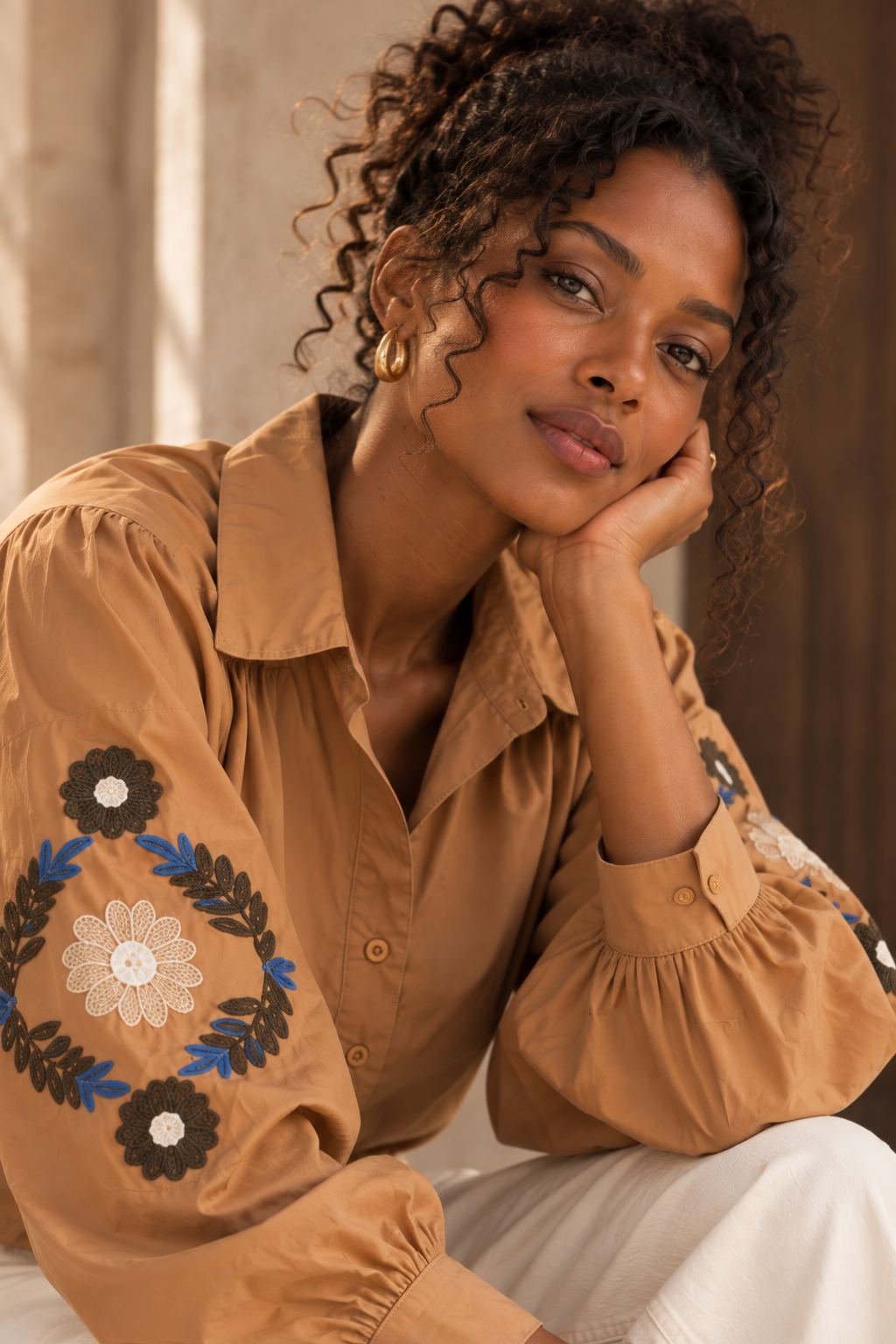 Chemise Manches Longues Camel Brodée LOUNAE