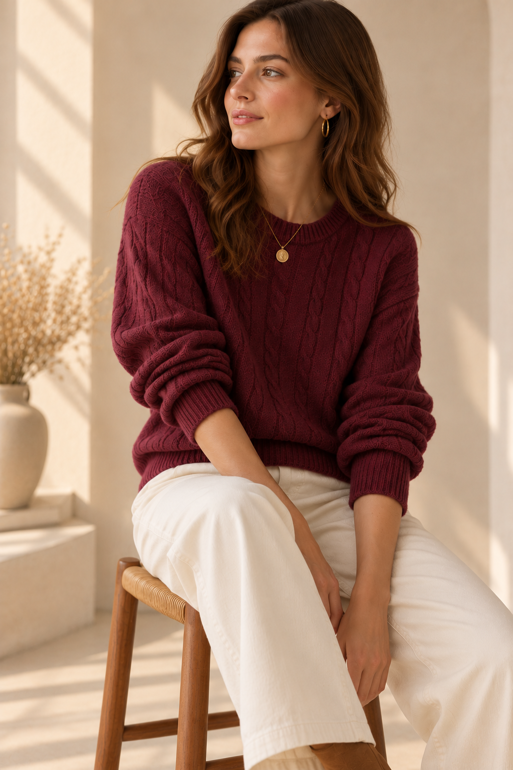 Pull Léa torsadé col rond aubergine LOUNAE