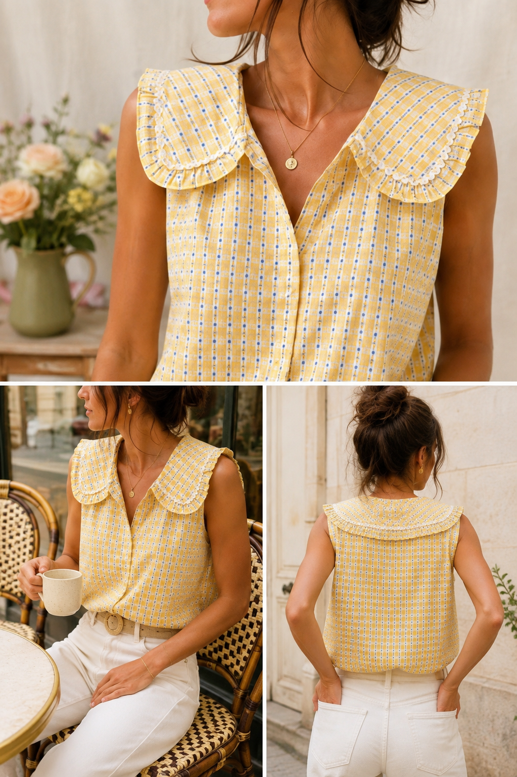 Chemise sans manches jaune et bleue col Claudine rétro LOUNAE