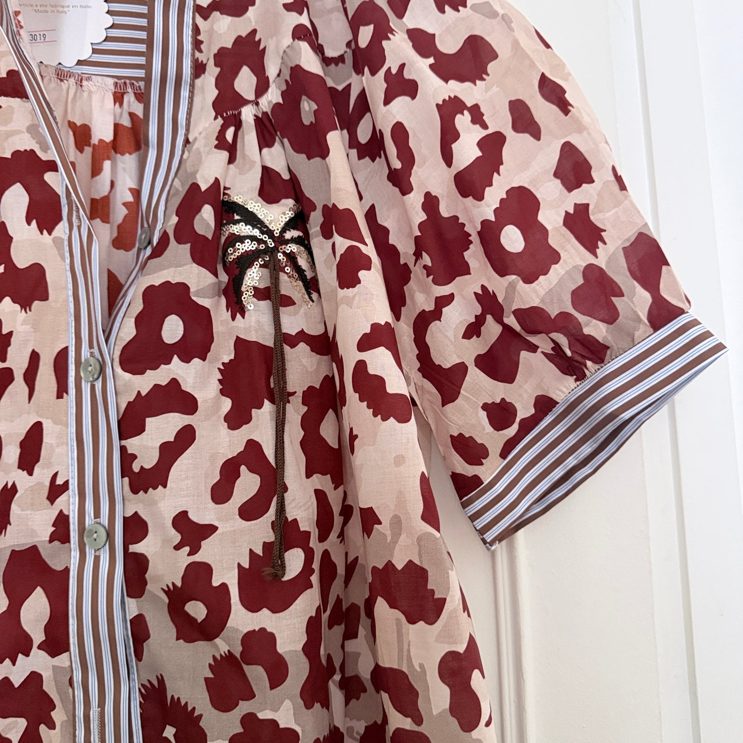 Blouse manches ballon beige et bordeaux en coton LOUNAE