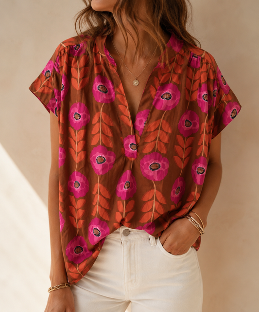 Blouse col V marron rose en coton LOUNAE