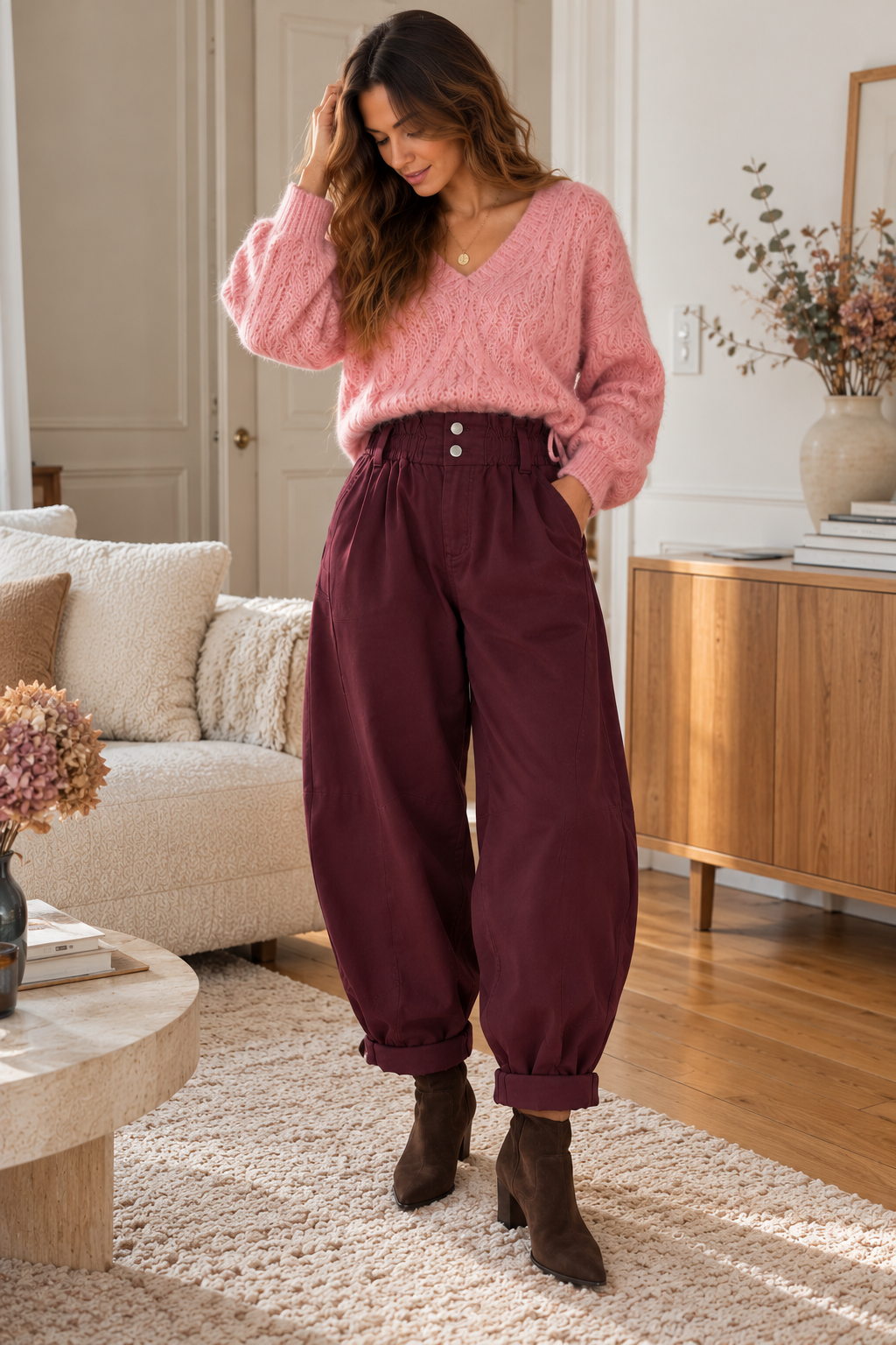 Pantalon Alba Barrel Couleur Prune en Coton LOUNAE