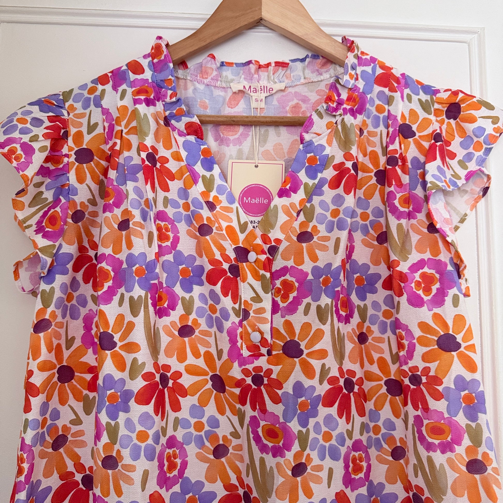 Blouse fleurie multicolore col V manches volantes LOUNAE