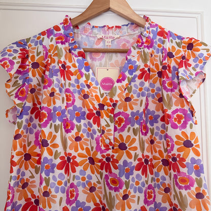 Blouse fleurie multicolore col V manches volantes LOUNAE