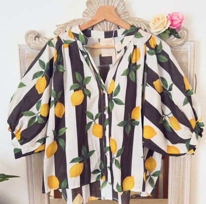 Chemise rayée imprimé citrons noire et blanche manches ballon – Taille unique LOUNAE