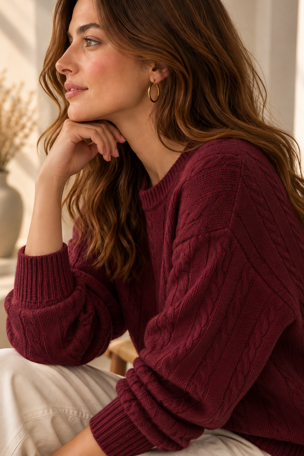 Pull Léa torsadé col rond aubergine LOUNAE
