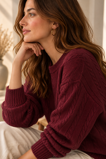 Pull Léa torsadé col rond aubergine LOUNAE